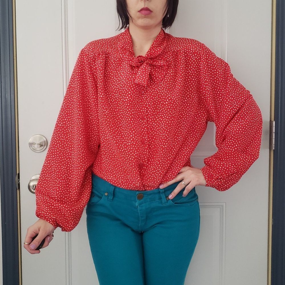 80s Red Polka Dot Bow Tie Blouse